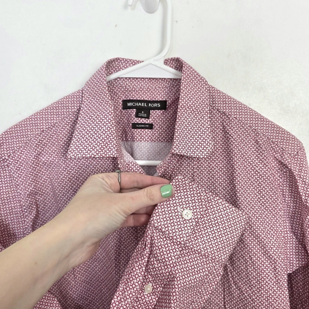 Michael Kors White Red Printed Button Up Long Sleeve Classic Dressy Shirt Sz S